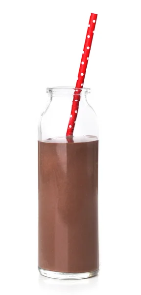 Glass bottle of chocolate milk isolated on white — Stock Photo, Image