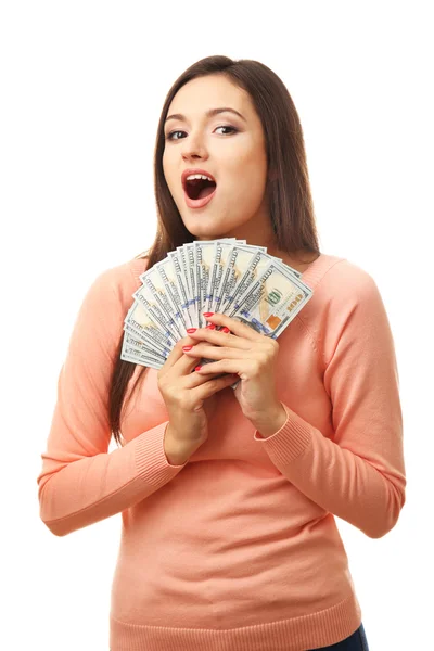 Woman holding money isolated on white — Stock Photo, Image