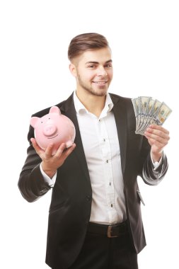 Adam domuz para Kasası ve üzerinde beyaz izole banknotlar