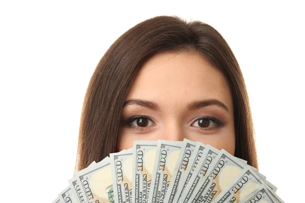 Woman holding money isolated on white — Stock Photo, Image