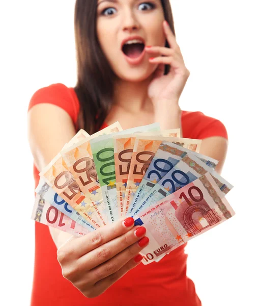 Mujer sosteniendo dinero aislado en blanco —  Fotos de Stock
