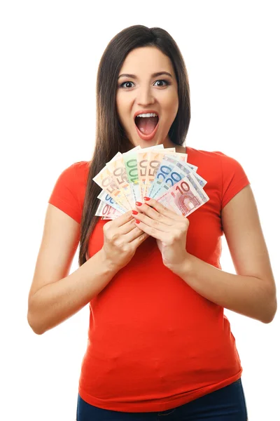 Жінка тримає гроші ізольовані на білому — стокове фото