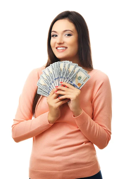 Žena držící peníze izolovaných na bílém — Stock fotografie