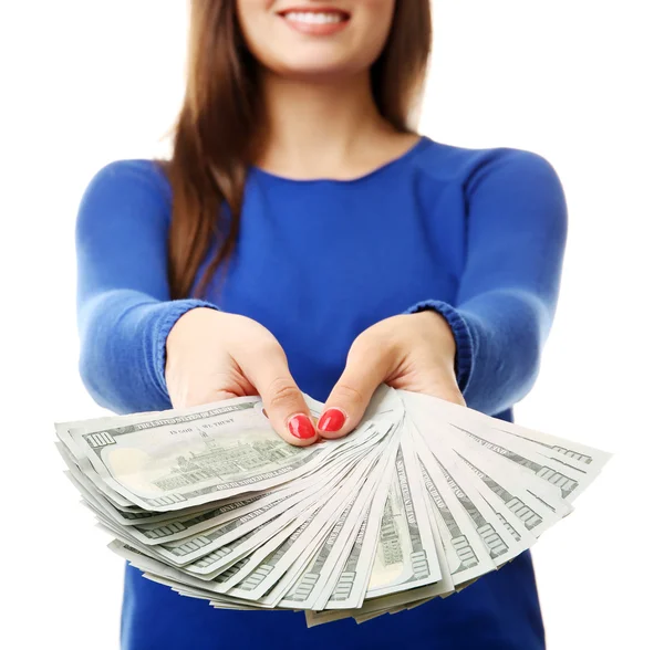 Woman holding money isolated on white — Stock Photo, Image