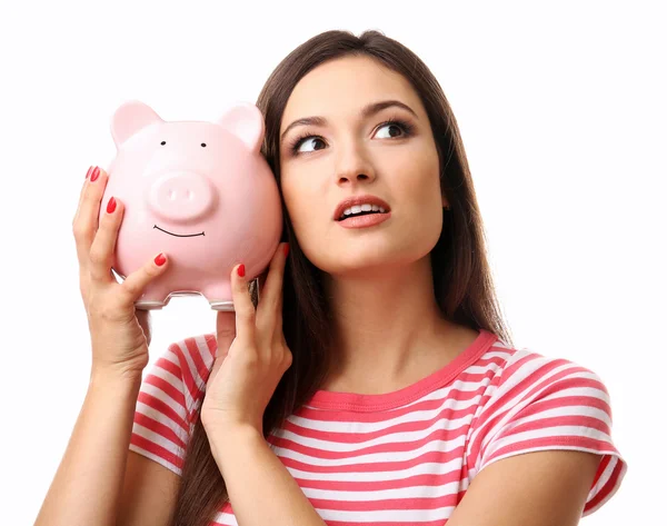 Woman with pig money box — Stock Photo, Image