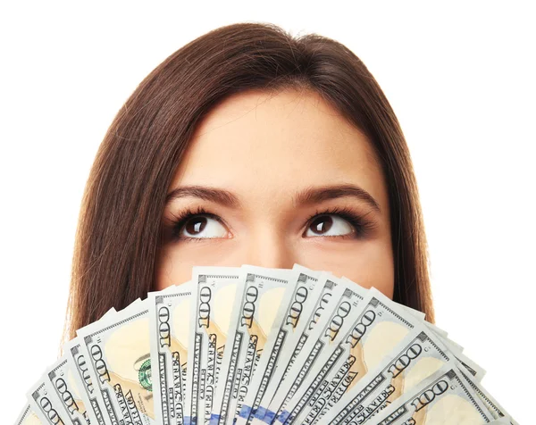 Donna che tiene i soldi isolati su bianco, primo piano — Foto Stock