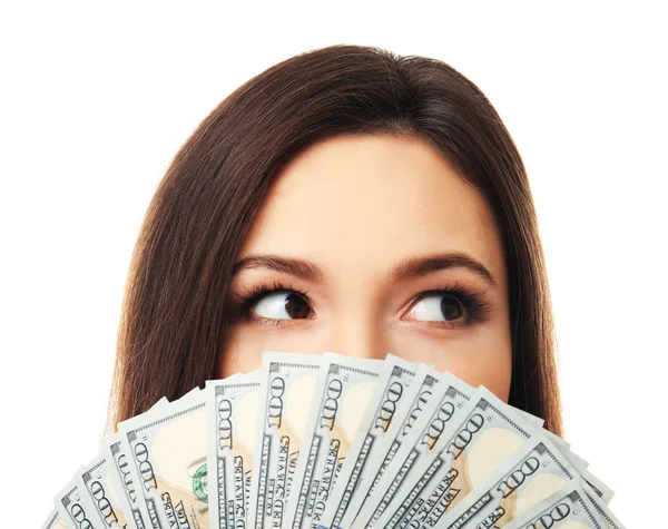 Woman holding money isolated on white, closeup — Stock Photo, Image