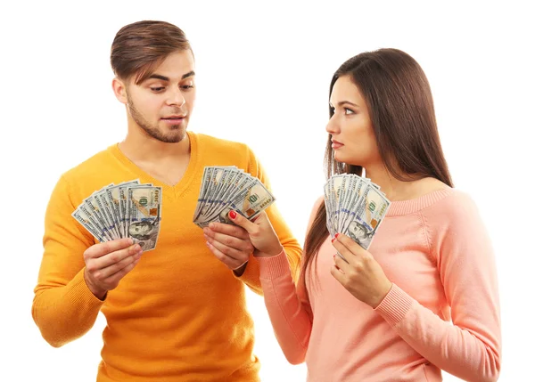 Пара з грошовими банкнотами ізольовані на білому — стокове фото