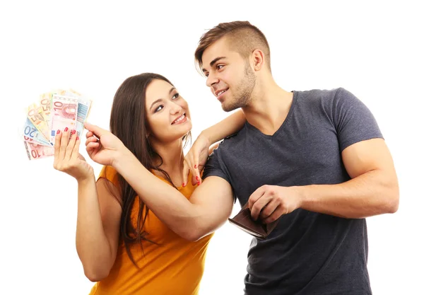 Casal com notas de dinheiro isoladas em branco — Fotografia de Stock