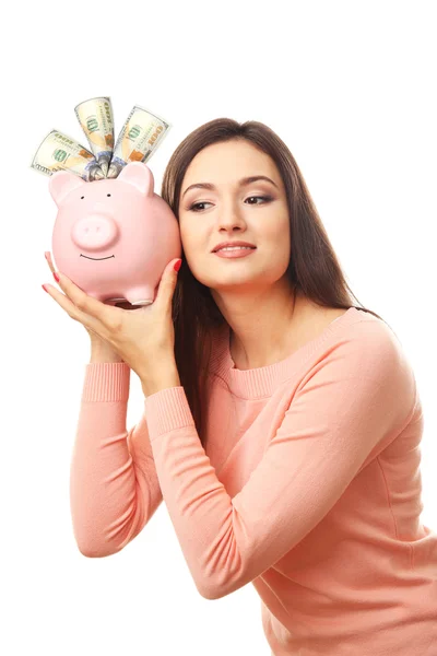 Woman with money box and banknotes — Stock Photo, Image