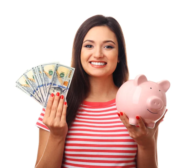 Woman with pig money box and banknotes isolated on white — Stock Photo, Image