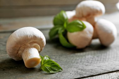 Ahşap arka planda taze mantarlar