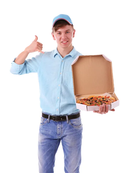 Αγόρι παράδοσης με χαρτόνι πίτσα κουτί απομονωθεί σε λευκό — Φωτογραφία Αρχείου