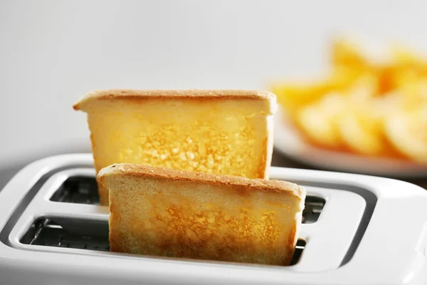 Een paar van krokant Toast in de broodrooster, close-up — Stockfoto