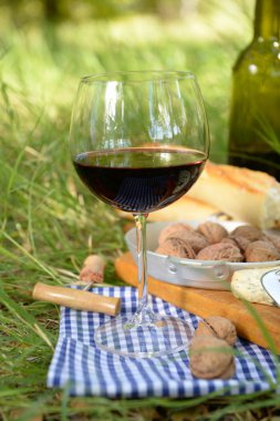 Piknik kavramı - şarap, lezzetli peynir, ceviz ve baget üzerinde ahşap masa, açık havada