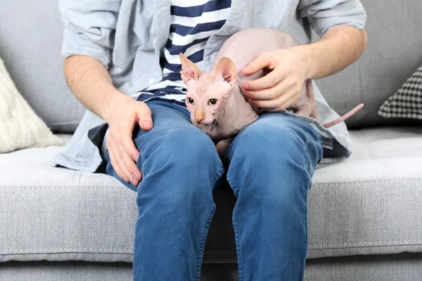 Młody mężczyzna siedzący z kotem na kanapie w domu — Zdjęcie stockowe