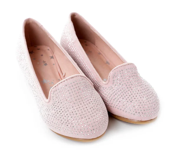 Chica brillante zapatos de color rosa aislados sobre fondo blanco — Foto de Stock