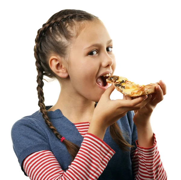 Little girl eating pizza isolated on white — Stock Photo, Image