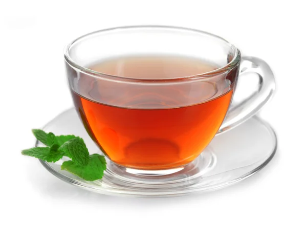 Glass cup of tea with mint leaves isolated on white background — Stock Photo, Image