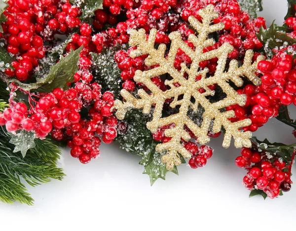 Vánoční strom větev červené bobule a dekorace — Stock fotografie