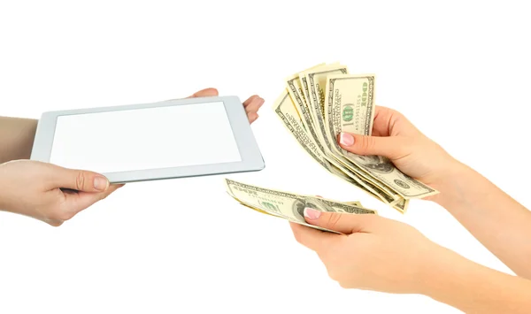 Tablet Pc en geld op handen — Stockfoto