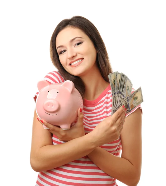 Woman with pig money box and banknotes isolated on white — Stock Photo, Image