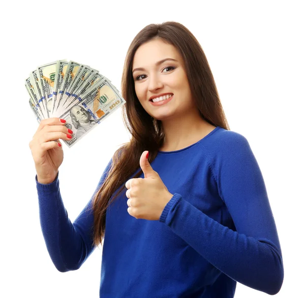 Woman holding money isolated on white — Stock Photo, Image