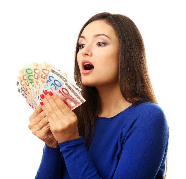 Woman holding money isolated on white Stock Image