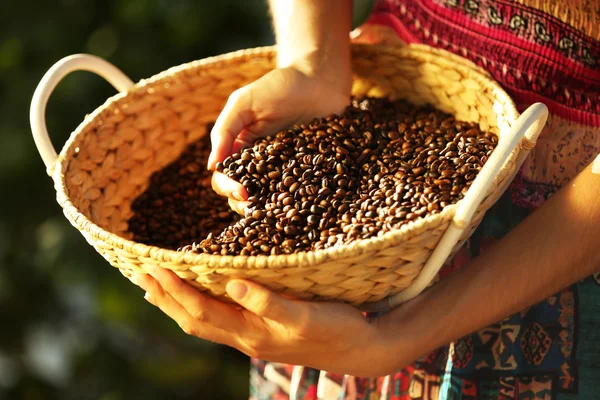 Hembra mano tocando granos de café — Foto de Stock