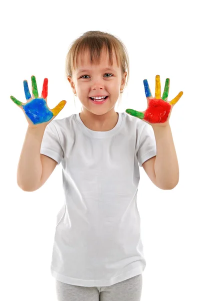 Kislány kezével a Paint programban — Stock Fotó
