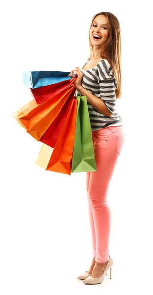 Vrouw met winkelen pakket — Stockfoto