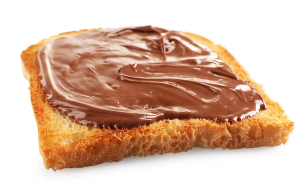 Chocolate poured on piece of bread isolated on white — Stock Photo, Image