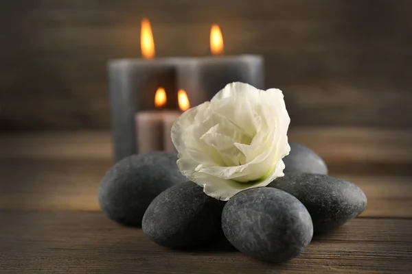 Svítí svíčka vosk šedá s oblázky a krásná květina na dřevěné pozadí — Stock fotografie