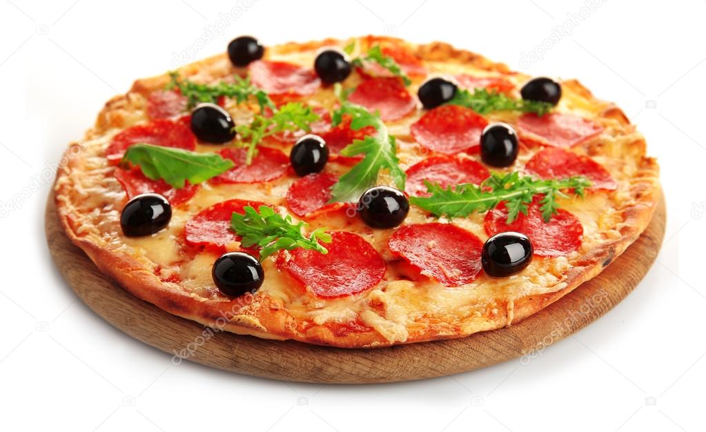 Pepperoni pizza with olives and arugula, isolated on white