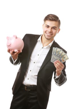 Adam domuz para Kasası ve üzerinde beyaz izole banknotlar