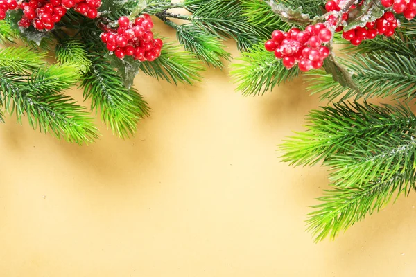 Christmas fir tree branches with rowan on paper background — Stock Photo, Image