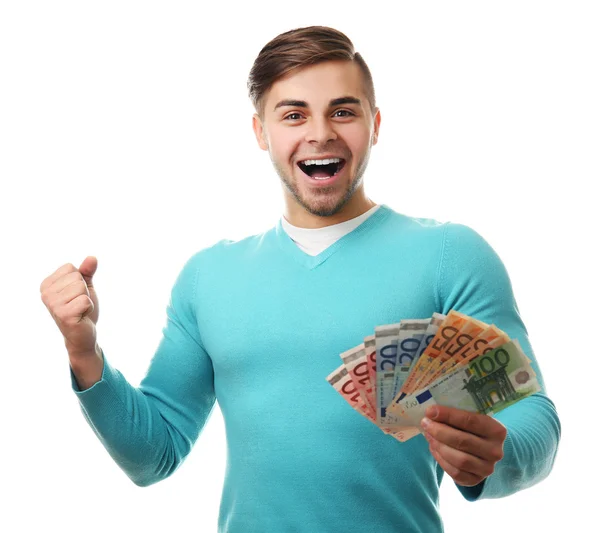 Hombre sosteniendo dinero aislado en blanco —  Fotos de Stock