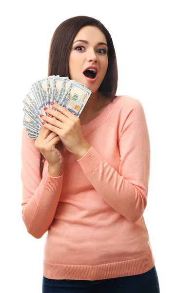 Woman holding money isolated on white — Stock Photo, Image