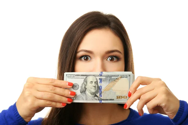 Žena držící peníze closeup — Stock fotografie