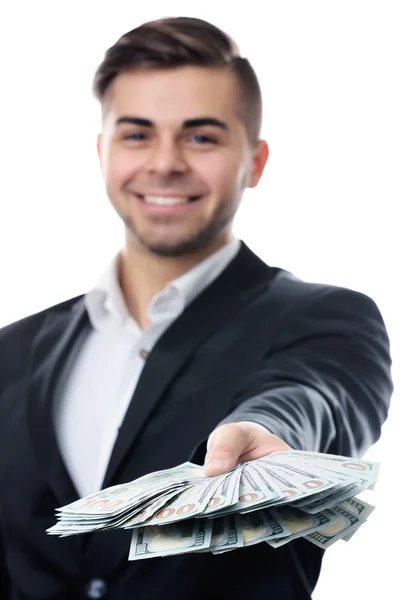 Man holding money isolated on white — Zdjęcie stockowe