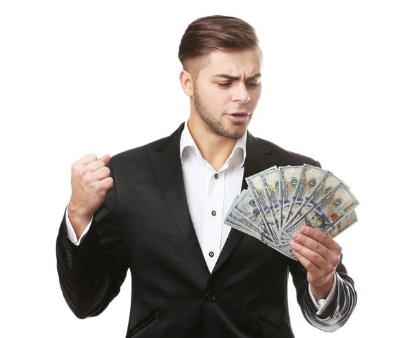 Hombre sosteniendo dinero aislado en blanco — Foto de Stock