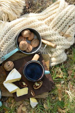 Kırmızı şarap, lezzetli peynir ve ahşap tahta açık havada - piknik tema üzerinde fındık ile kupa
