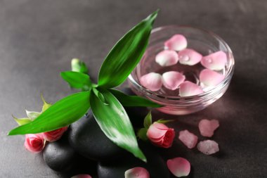 Taşlar, çiçek ve yaprakları, gri arka plan üzerinde Spa bileşimi