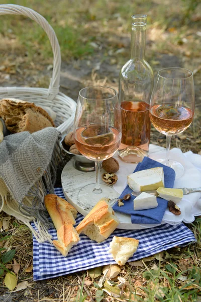 Picknick thema - rose wijn, kaas, stokbrood en noten buitenshuis — Stockfoto