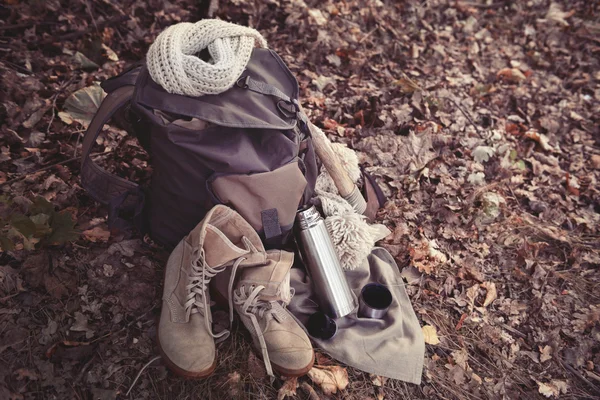 Tourist equipment in forest — Stock Photo, Image