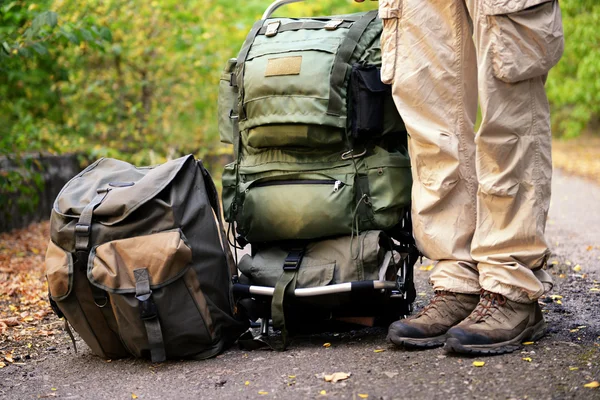 Toeristische op weg in de buurt van bos — Stockfoto