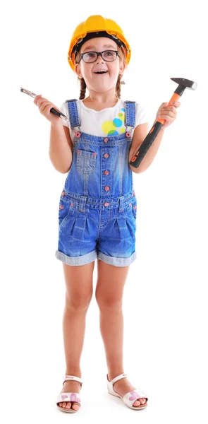Meisje met hamer en schroef moersleutel — Stockfoto