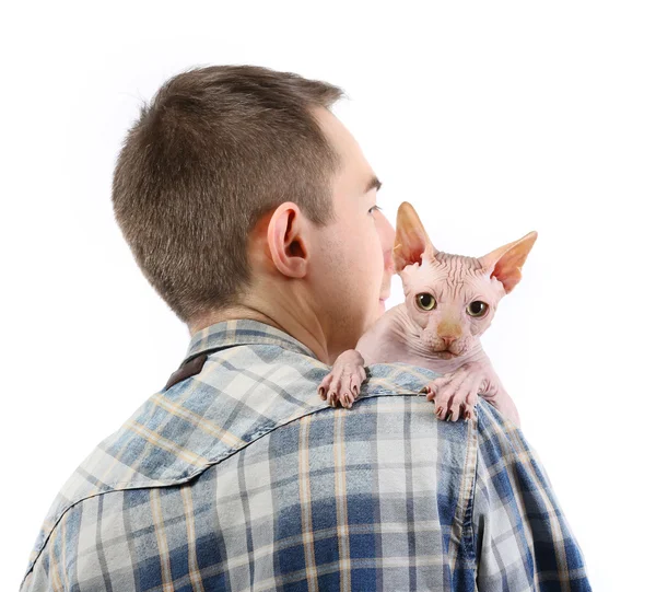Mladý muž, držící kočku — Stock fotografie
