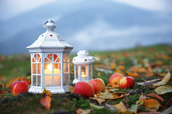 Lanternas com velas na grama — Fotografia de Stock