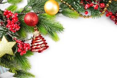 Kırmızı meyveler ve beyaz arka plan üzerinde süslemeleri ile Noel ağacı dalı